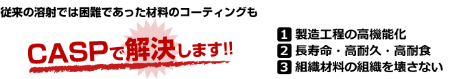 従来の溶射では困難であった材料のコーティングもCASPで解決　1.製造工程の高機能化、2.長寿命・高耐久・高耐食　3.組織材料の組織を壊さない